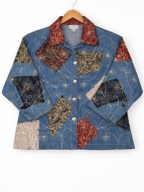 Sara Studio~Womens VTG Patchwork Embroidery Denim Jean Chore Jacket~Barn Coat~2X